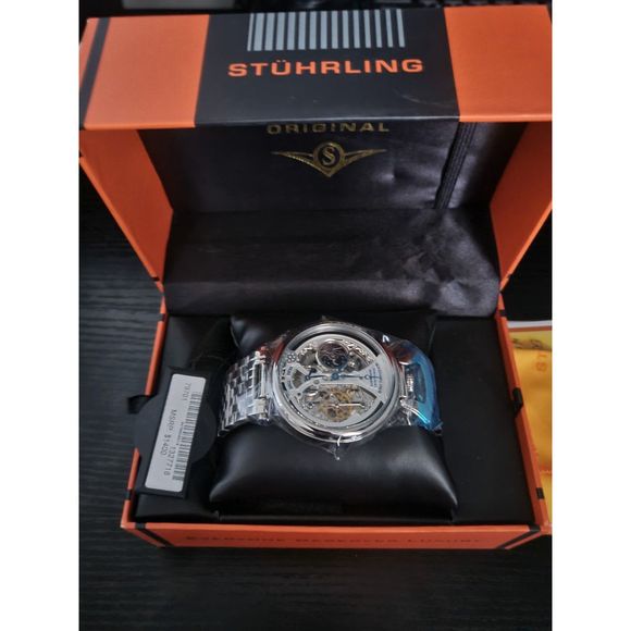 🔥NEW W/BOX & PAPERS Rare Stuhrling Men's Reserve Silver Dial Skeleton Watch - Picture 4 of 10
